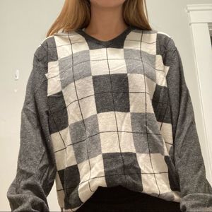 Jos A Bank Plaid Checkered Print White Gray Wool Blend Sweater Size Large